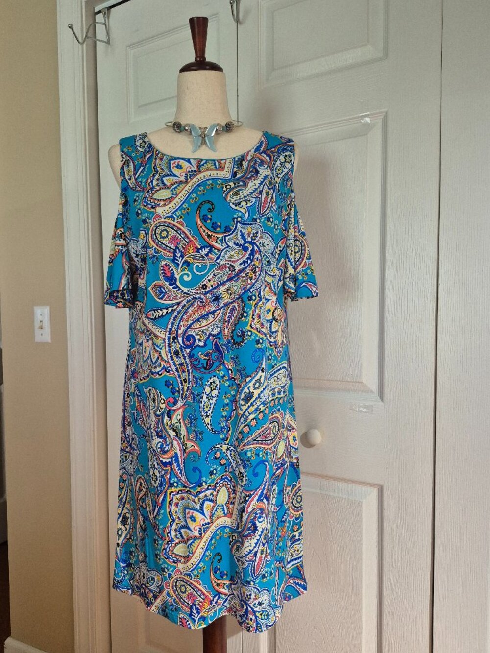 Pretty Turquoise Paisley Dress sz 14 Cold Shoulder Flutter Sleeve Boho NWT